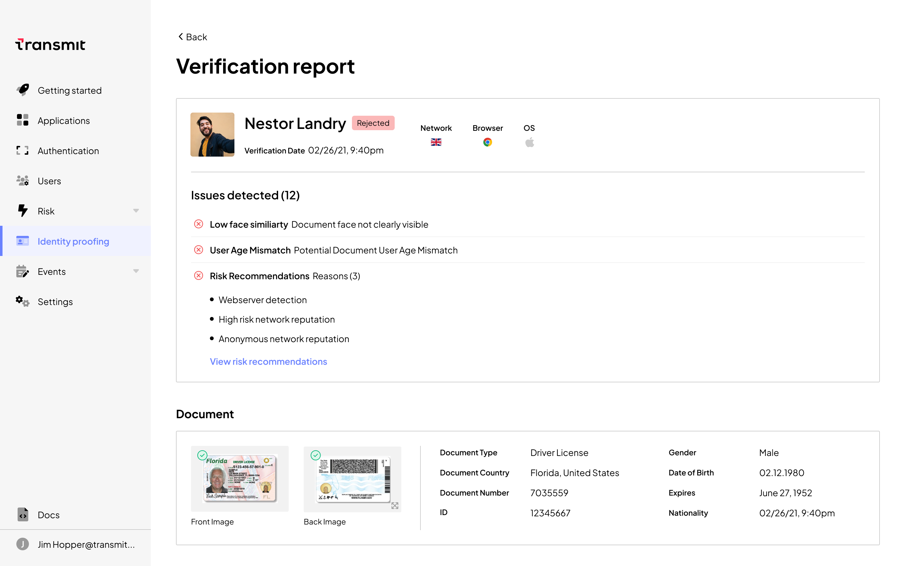 example verification report from Transmit Security Identity Verification