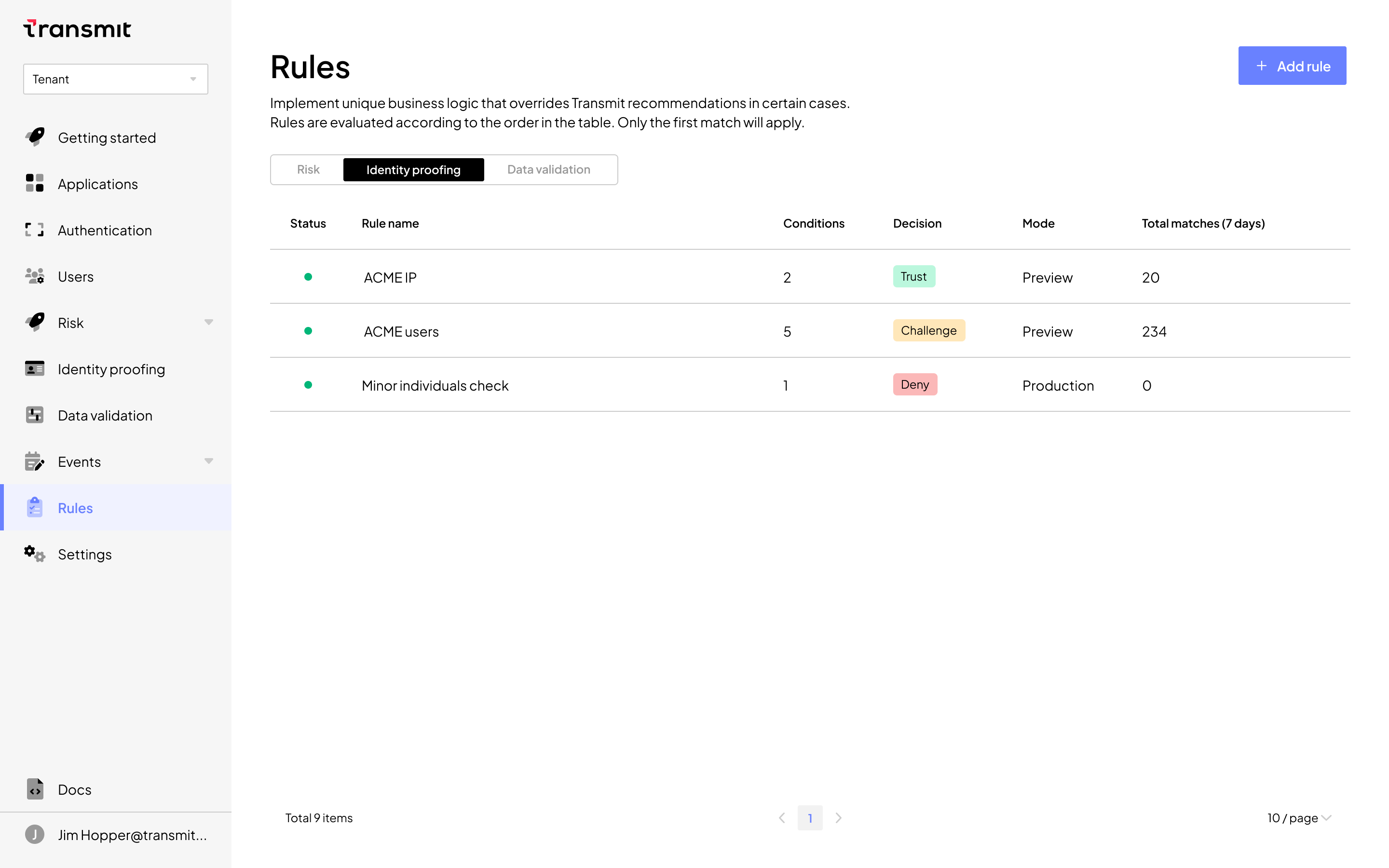 Screenshot of rules dashboard for Identity Decisioning